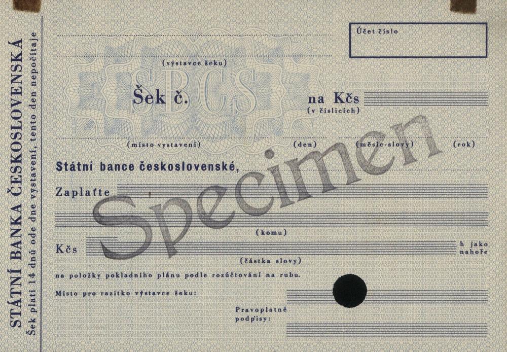 Soukromý šek Státní banka československá SBČS, vzor šeku - specimen