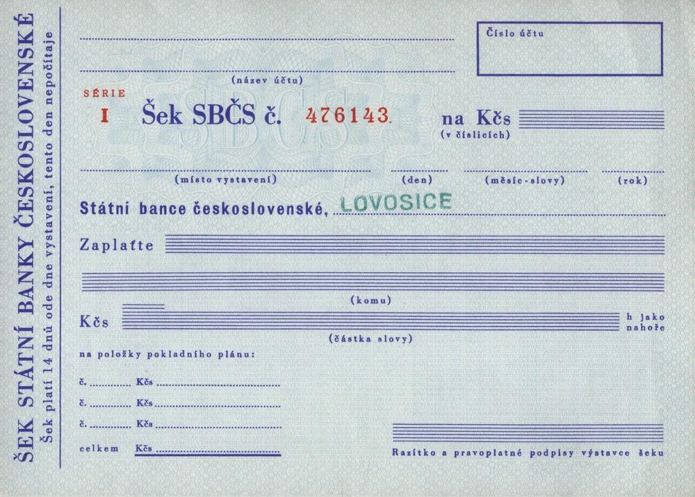 Soukromý šek Státní banka československá SBČS, série I, 1970-1979