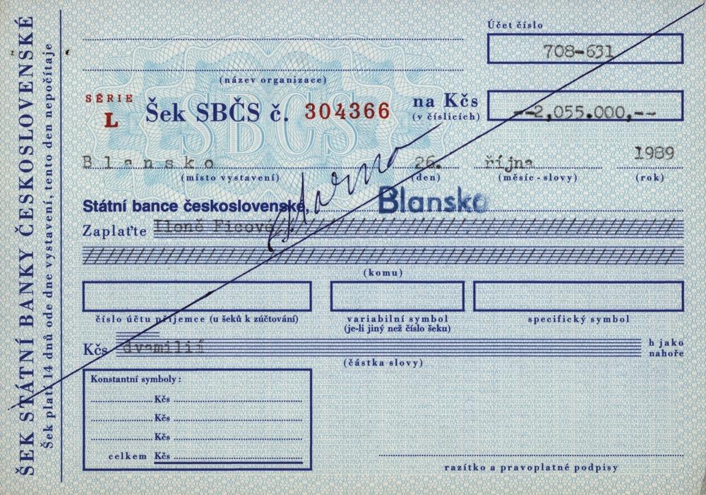 Soukromý šek Státní banka československá SBČS, série L, 1989